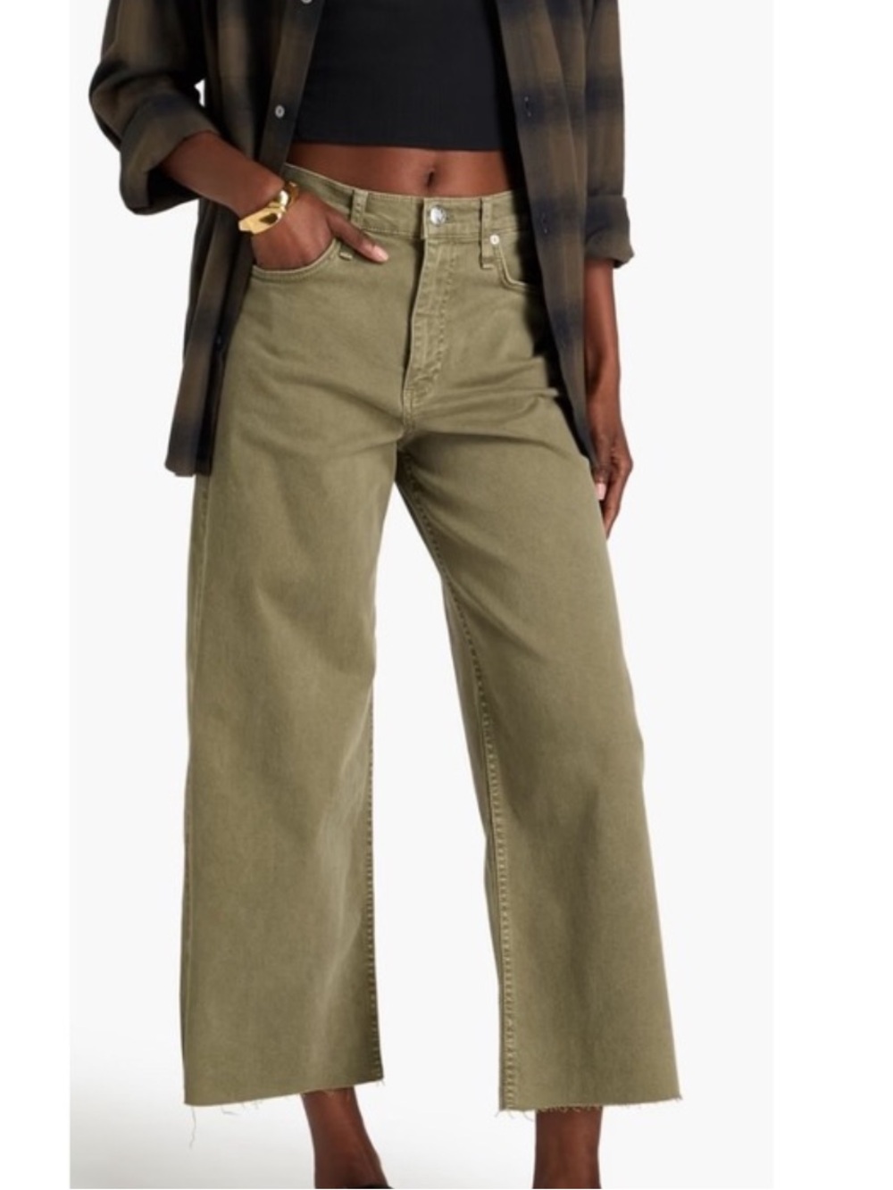 Rag & Bone Wide Leg Ankle Jeans Andi Raw Hem High Rise 27 Olive Army Green Sage - Picture 2 of 12